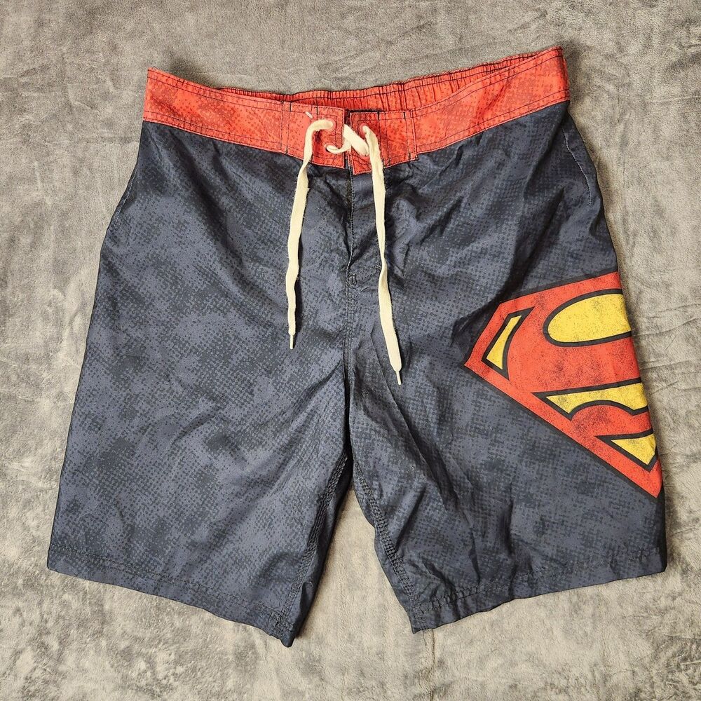 DC Comics Superman Swim Trunks Mens XL Board Shorts Mesh Lining Blue Red Logo